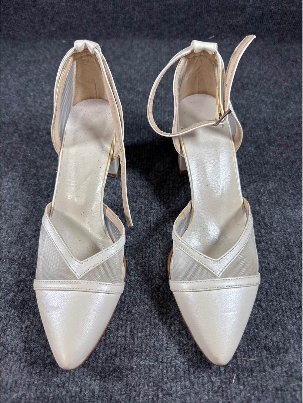 Womens EU 38 Ivory Pointed Toe Block Heel Ankle Strap Dress Shoes Pumps